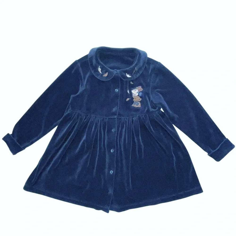 Disney Store Vintage Minnie Mouse Velvet Dress 6 / 6X Dark Blue Embroidered